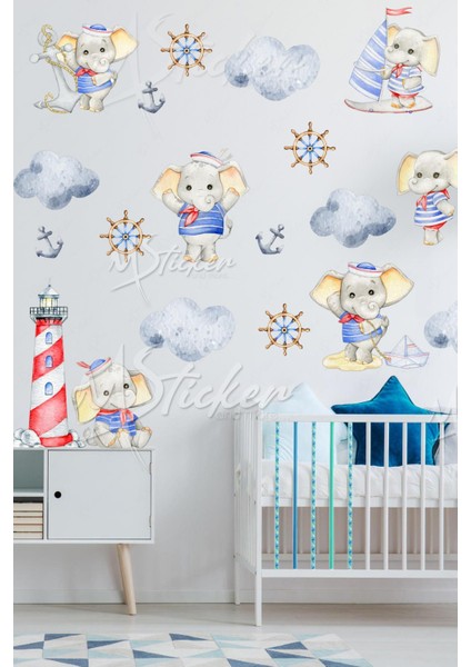 Kaptan Fil ve Arkadaşları Sevimli Çocuk Bebek Odası Sticker Seti, Cam Duvar Sticker Çocuk Odası