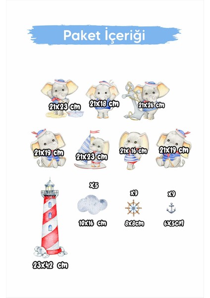 Kaptan Fil ve Arkadaşları Sevimli Çocuk Bebek Odası Sticker Seti, Cam Duvar Sticker Çocuk Odası