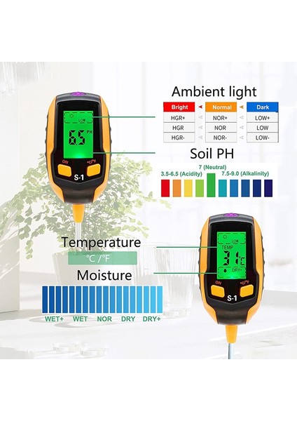 Yükseltilmiş Toprak Ph Ölçer, 4'ü 1 Arada Toprak Test Cihazı Nemi, Dijital Bitki Termometre Testi, Nem Ölçer Işığı ve Ph Test Cihazı (Yurt Dışından) indirimleri