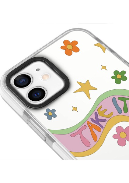 iPhone 12 Özel Tasarım Yazılı Çiçek Figürlü Beyaz Kenarlı Sert Şeffaf Telefon Kılıfı fiyatları