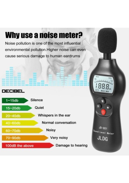 Zoroom Jldg JD-801 30-130DB Gürültü Test Cihazı Dijital Ses Seviyesi Desibel Monitör LCD Ekran Gürültü Ölçüm Araçları Arkadan Aydınlatmalı (Yurt Dışından)