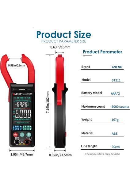 Aneng ST211 Dijital Pens Metre 6000 Sayım Multimetre Dc/ac Gerilim Akım Test Cihazı Araba Amp Hz Renkli Ekran Ncv Ohm Testi (Yurt Dışından)