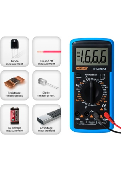 Aneng 9205A Yüksek Hassasiyetli Çok Fonksiyonlu Evrensel Metre Elektrikçi Testi Dc Gerilim ve Akım Ölçer Mavi (Yurt Dışından) modelleri