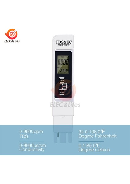 Taşınabilir Tds Ec Metre Sıcaklık Test Cihazı Kalem 3 In1 Fonksiyonu Iletkenlik Filtresi Ölçüm Su Kalitesi Saflık Test Cihazı 0-9990PPM (Yurt Dışından)
