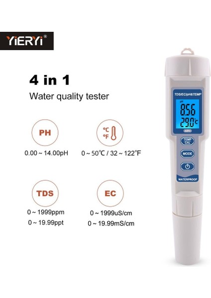 Yieryi 4 In 1 Tds Ph Ölçer Ph/tds/ec/sıcaklık Ölçer Atc Dijital Su Kalitesi Monitör Test Cihazı Havuzlar, Içme Suyu (Yurt Dışından) fiyatları