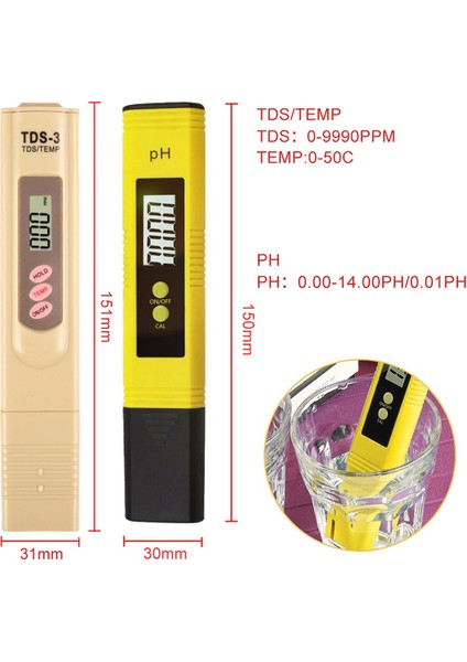 Su Kalitesi Monitör Test Cihazı 2 Adet Ph Test Cihazı + Tds ve Ec Metre/tds-3 Metre/ph Kağıt Test Cihazı Ölçer Havuz Içme Suyu LCD Ekran (Yurt Dışından)