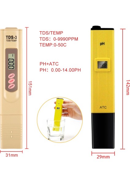 Adet Ph Test Cihazı + Tds ve Ec Metre/tds-3 Metre/ph Kağıt Test Cihazı Metre Su Kalitesi Monitör Test Cihazı Havuz Içme Suyu LCD Ekran (Yurt Dışından)