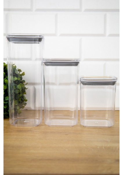 3'lü Set Akrilik Mika Vakum Kapaklı 1700 ml - 1200 ml - 900 ml Saklama Kabı Seti