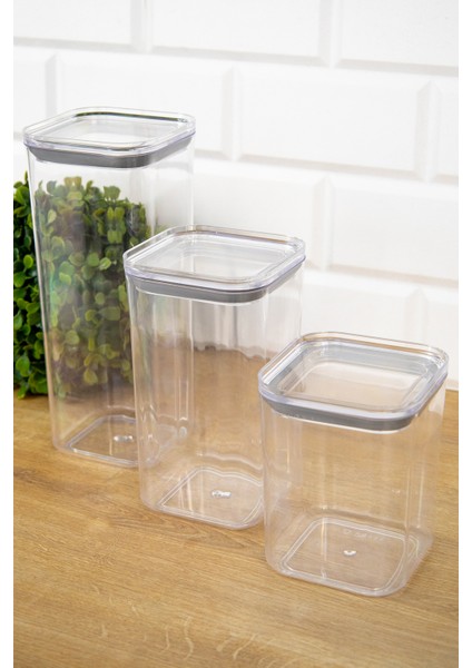 3'lü Set Akrilik Mika Vakum Kapaklı 1700 ml - 1200 ml - 900 ml Saklama Kabı Seti