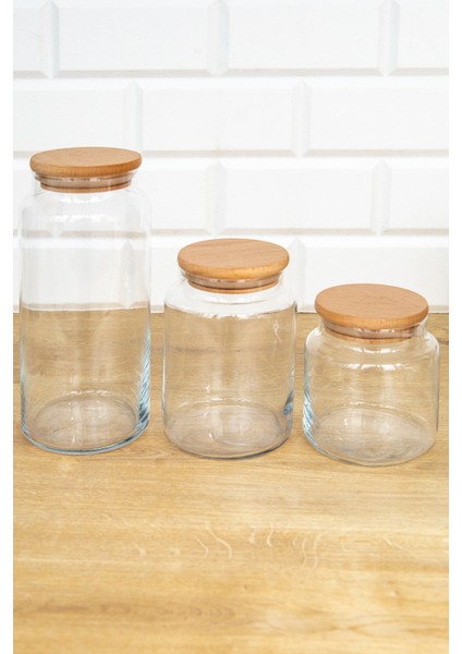 12'li Ahşap Vakum Kapaklı Set 1300 ml - 800 ml - 500 ml Set Cam Kavanoz Saklama Kabı