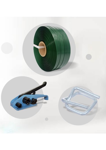 Mini Polyester Set; Pt 15X0,60 200 Metre Yeşil Çember- 16 mm Krom Toka 40 Adet-1 Adet Germe Aparatı