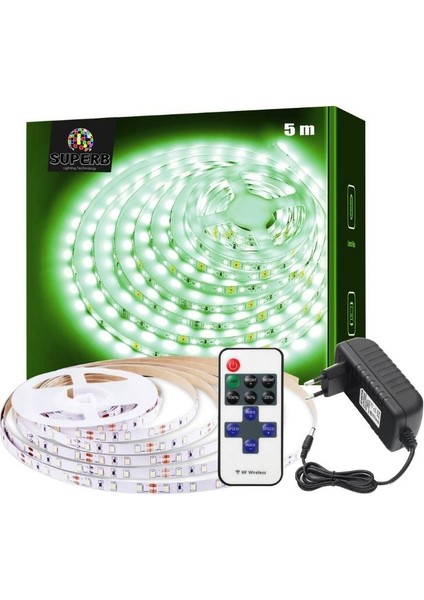 Sb-6502 5 Metre Şerit Led Işık Yeşil Dimmer Kumandalı Adaptörlü Tak Çalıştır Aydınlatma