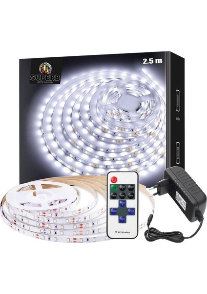 Sb-6502 2.5 Metre Şerit Led Işık Beyaz Dimmer Kumandalı Adaptörlü Tak Çalıştır Aydınlatma