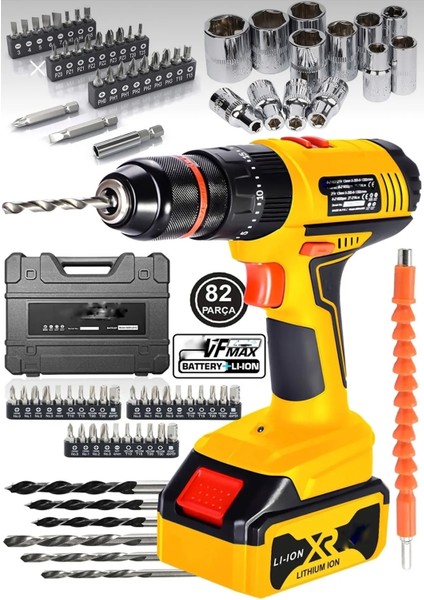 128 Vf Bakır Sargılı 13 mm Çelik Mandren 10 Pilli Çift Akülü 82 Parça Darbeli Şarjlı Matkap DM82-2M