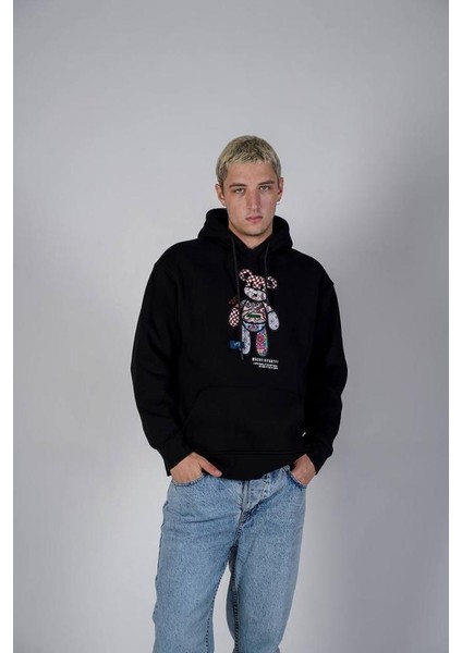 Unisex Siyah Oversize Kapşonlu Sweatshirt