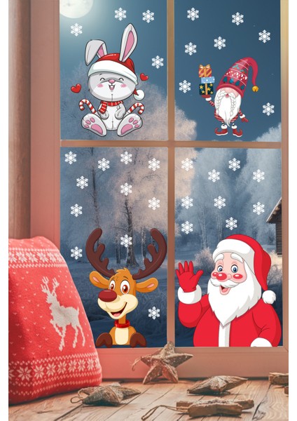 Noel Baba Geyik Cüce ve Kar Taneleri Yılbaşı Pencere Sticker Seti