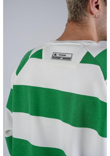 Yeşil Çizgi Baskılı Oversize Kapşonlu Sweatshirt