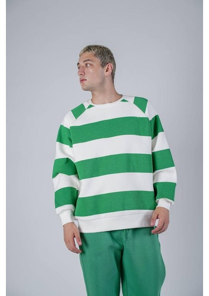 Yeşil Çizgi Baskılı Oversize Kapşonlu Sweatshirt modelleri