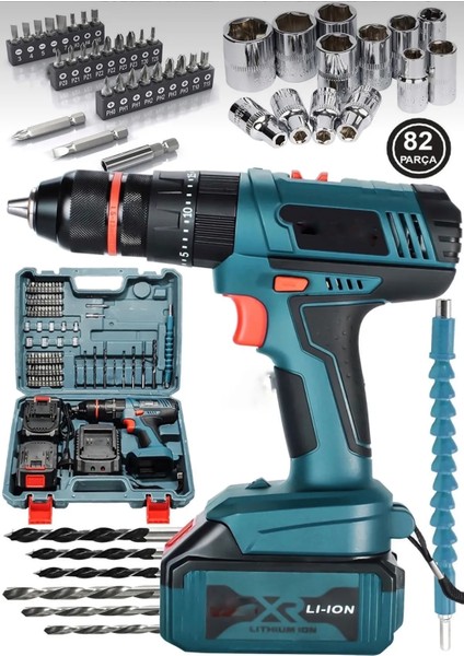 128 Vf Bakır Sargılı 13 mm Çelik Mandren 10 Pilli Çift Akülü 82 Parça Darbeli Şarjlı Matkap