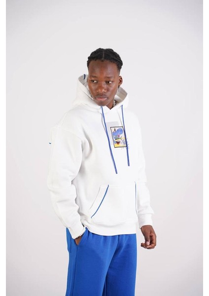 Beyaz Mavisi Oversize Kapşonlu Sweatshirt