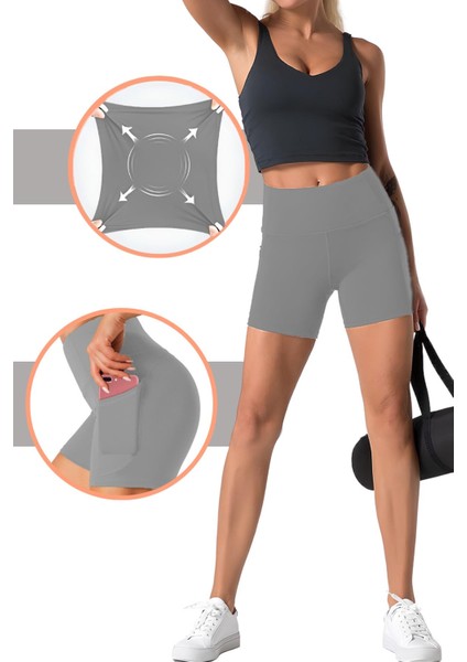 Kadın Toparlayıcı Yüksek Bel Cepli Egzersiz Fitnes Koşu Kısa Spor Tayt fırsatları