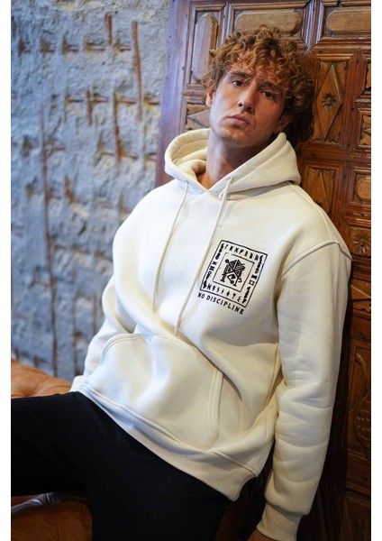 Bej Sırtı Flok Oversize Kapşonlu Sweatshirt