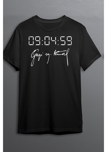 Atatürk Imza Baskılı Pamuklu Likralı T-Shirt (Beyaz Yazılı Siyah