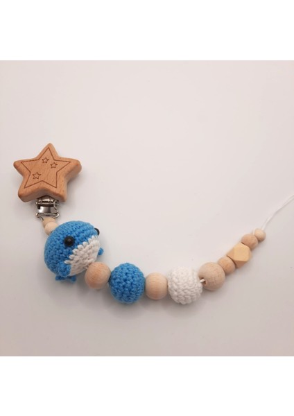 Hoşgeldin Bebek Yenidoğan Isimli Emzik Zinciri Askısı Hediye Seti Amigurumi Balina Mavi