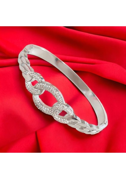 Modern Zirkon Taşlı Çelik Kelepçe Bileklik - Kararmaz Gümüş Kaplama