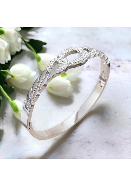 Modern Zirkon Taşlı Çelik Kelepçe Bileklik - Kararmaz Gümüş Kaplama fırsatları