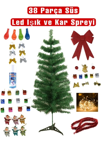 Yılbaşı Çam Ağaç Seti 120 cm Ağaç +Led Işık + Kar Spreyi + 38 Adet Süs + Tepelik Fiyonk