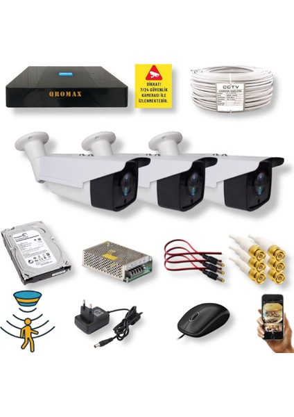 3 Kameralı Set - Hareket Algılayan Gece Görüşlü 4 Array Ledli 5mp Sony Lensli 1080P Full Hd Metal Kasa Güvenlik Kamerası Seti 2004