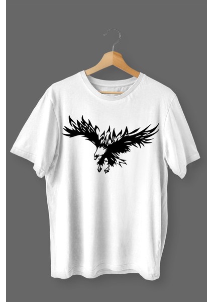 Kartal Baskılı Pamuklu Likralı T-Shirt (Siyah Desenli Beyaz
