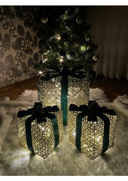 Dekoratif Yılbaşı Ağacı Altı LED Işıklı Hediye 12'li Kutu Seti Yeşil&mavi&bordo&kırmızı Kurdele