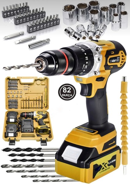 128 Vf 82 Parça Çelik Şanzuman Bakır Sargılı 10 Pil Li Vidalama Darbeli Şarjlı Matkap