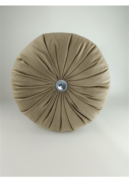 Lux Kadife Yuvarlak Taşlı Yastık Vizon