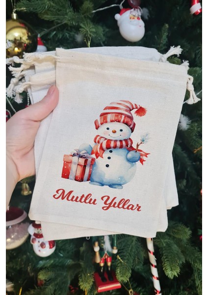 Hediye Dolu Kardan Adam Mutlu Yıllar Yazılı Yılbaşı Hediye Kesesi 10LU