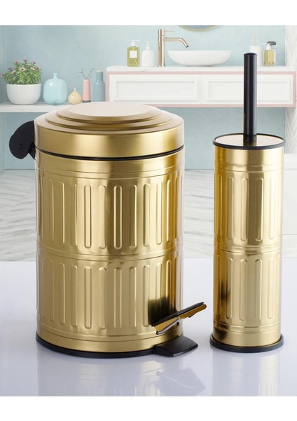 Vintage Gold 2 Parça Banyo Seti - 5L Pedallı Banyo Çöp Kovası, Tuvalet WC Fırçası