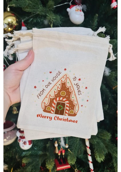 Kurabiye Ev - Gingerbread House Merry Christmas Yazılı Yılbaşı Hediye Kesesi 10LU