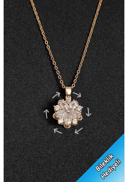 Trend Collection Zirkon Taşlı Dönen Kamelya Lotus Çiçeği Çelik Gold Zincir Kadın Kolye