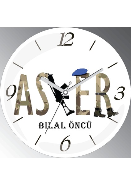 Kişiye Özel Asker Çap 30CM Bombeli Gerçek Cam Duvar Saati