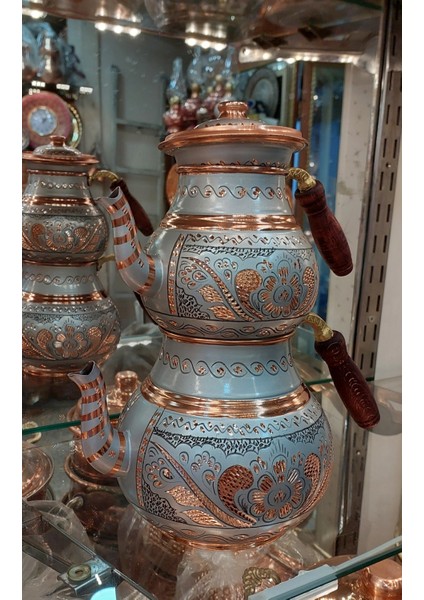 Bakır Çaydanlık El Işlemesi Çiçek Desenli Gri Gümüş Renk Işlemeli Büyük Aile Boy Bakır Demlik