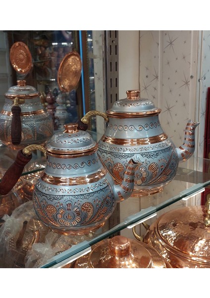 Bakır Çaydanlık El Işlemesi Çiçek Desenli Gri Gümüş Renk Işlemeli Büyük Aile Boy Bakır Demlik