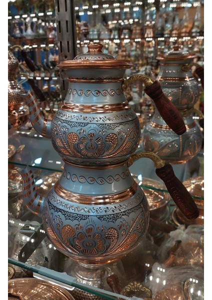 Bakır Çaydanlık El Işlemesi Çiçek Desenli Gri Gümüş Renk Işlemeli Büyük Aile Boy Bakır Demlik