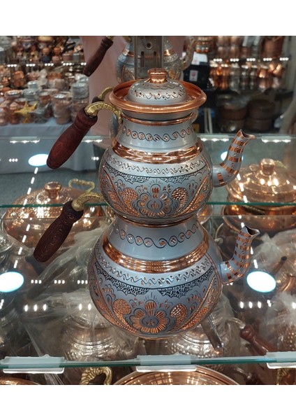 Bakır Çaydanlık El Işlemesi Çiçek Desenli Gri Gümüş Renk Işlemeli Büyük Aile Boy Bakır Demlik