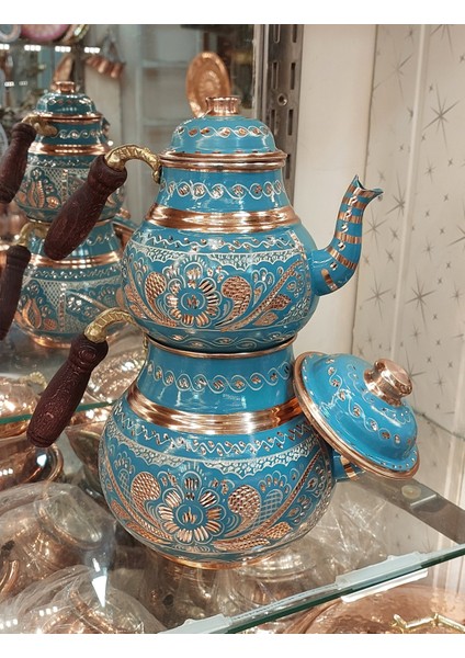 Bakır Çaydanlık El Işlemesi Çiçek Desenli Turkuaz Renk Işlemeli Büyük Aile Boy Bakır Demlik