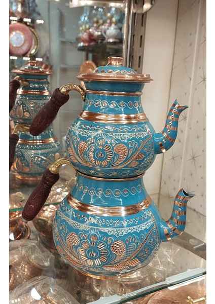 Bakır Çaydanlık El Işlemesi Çiçek Desenli Turkuaz Renk Işlemeli Büyük Aile Boy Bakır Demlik