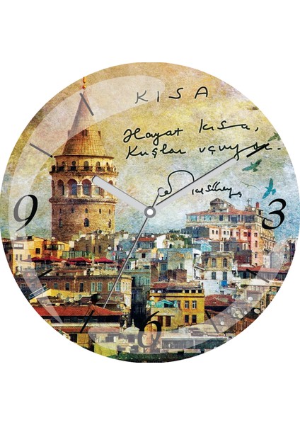 Hayat Kısa Kuşlar Uçuyor Galata Kulesi Çap 30CM Sessiz Akar Bombeli Gerçek Cam Duvar Saati