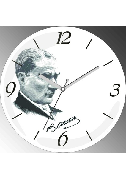 Atatürk Silüet Imza Zemin Beyaz Çap 30CM Sessiz Akar Bombeli Gerçek Cam Duvar Saati
