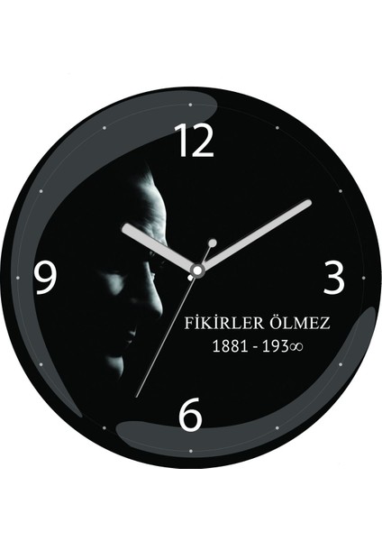 Atatürk Fikirler Ölmez Çap 30CM Sessiz Akar Bombeli Gerçek Cam Duvar Saati